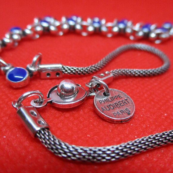 PHILIPPE AUDIBERT PARIS Navy Blue Enamel Silver Tone Metal Bib Necklace Designer - Picture 8 of 9